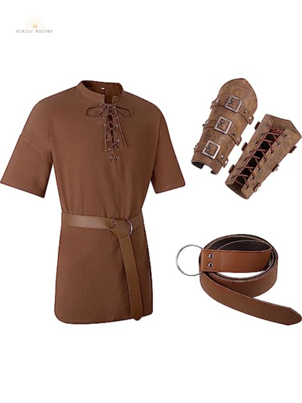 Men's Medieval Viking Tunic 3Pc Set Faux Leather Arm Guards Belt Renaissance